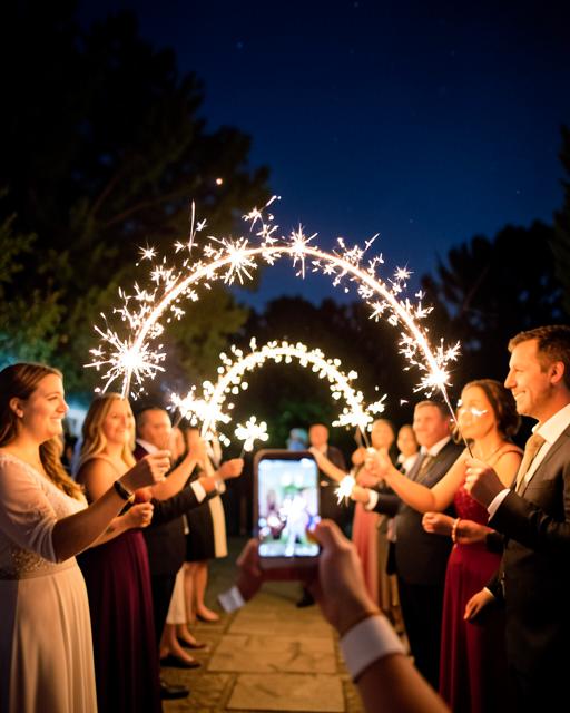 Guests holding sparklers in a glowing arch at night
