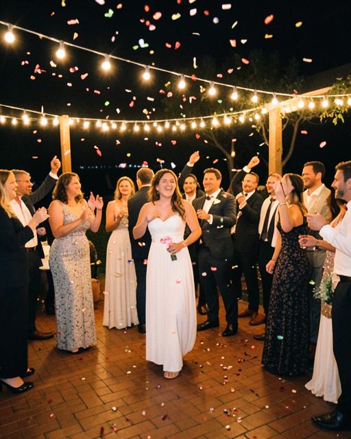 Confetti falling over the dance floor under string lights