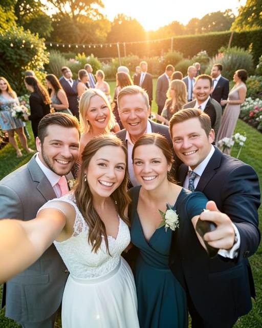 Guests taking a group selfie in a sunny garden