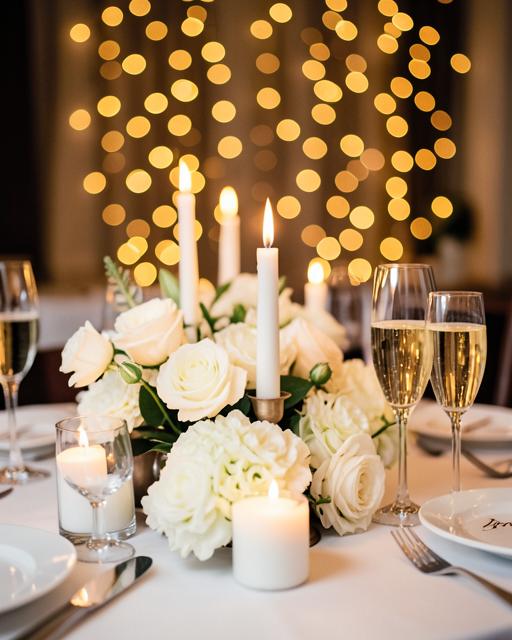Wedding table with candles, white roses and champagne
