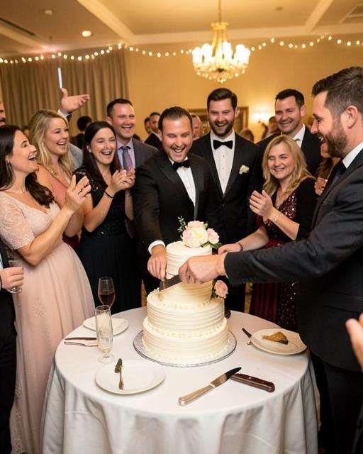 Guests cheering around the wedding cake