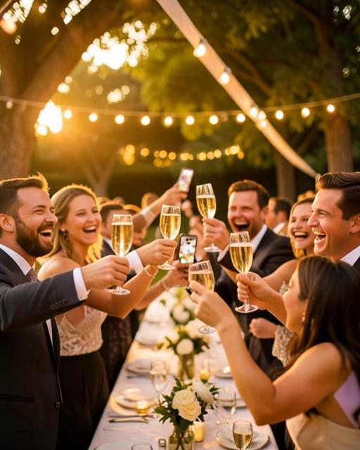 Guests raising champagne glasses at an outdoor reception