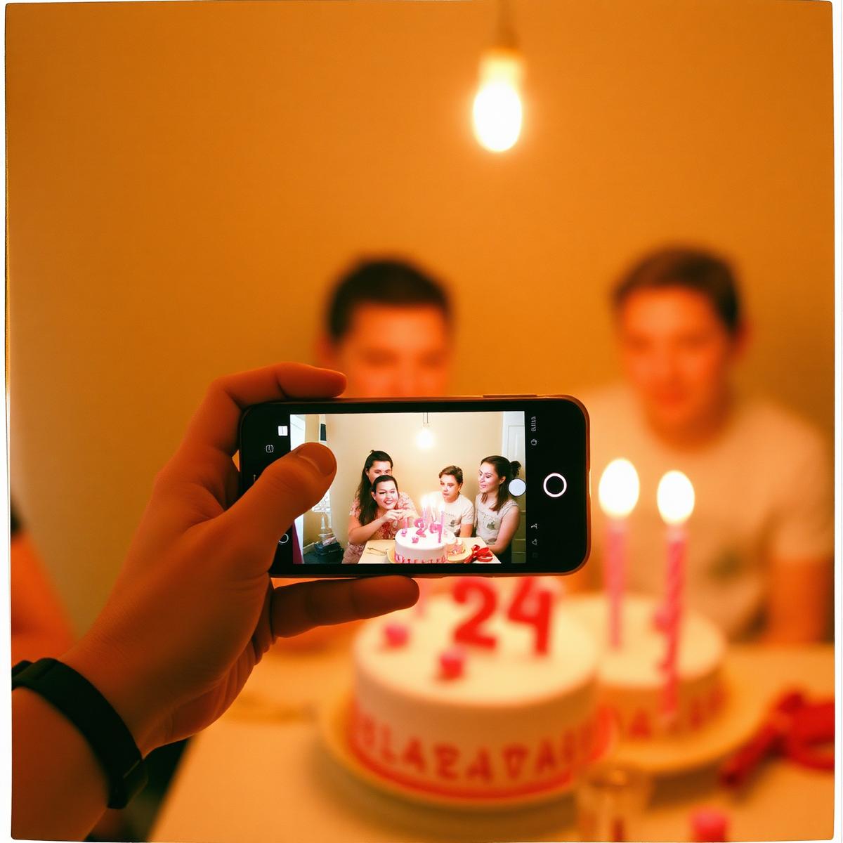 A guest photographing a birthday cake on a phone